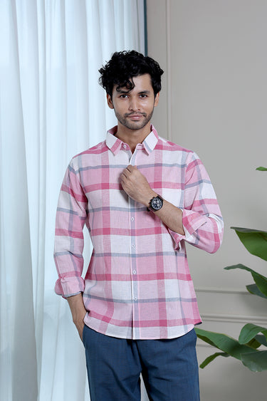 Red Pink Checks Natural Cotton Linen Men Shirt