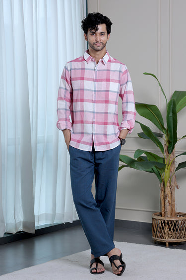 Red Pink Checks Natural Cotton Linen Men Shirt