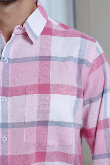 Red Pink Checks Natural Cotton Linen Men Shirt