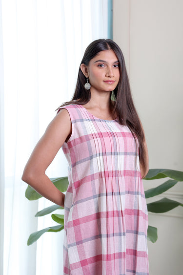 Red Pink Checks Natural Cotton Linen Women Midi Dress
