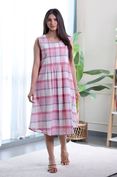 Red Pink Checks Natural Cotton Linen Women Midi Dress