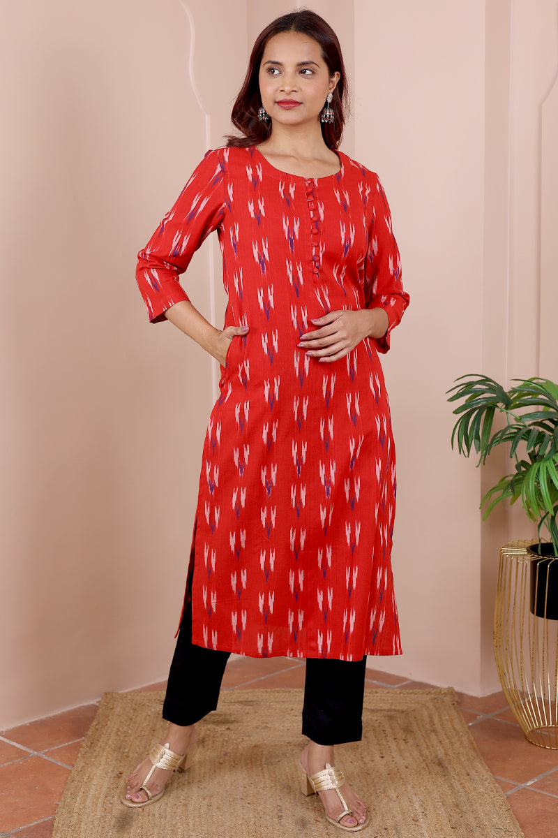 Red Single Ikkat 40 Cotton Women Long Kurta Long Sleeves WLKLS032370
