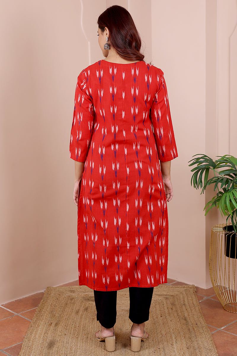 Red Single Ikkat 40 Cotton Women Long Kurta Long Sleeves WLKLS032370