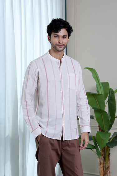 Red Stripes Natural Cotton Linen Men Shirt