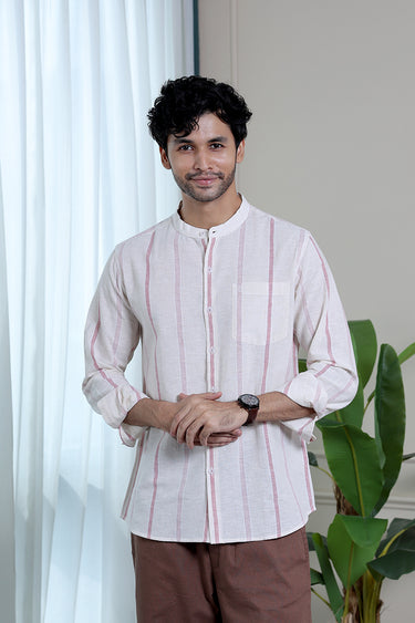 Red Stripes Natural Cotton Linen Men Shirt