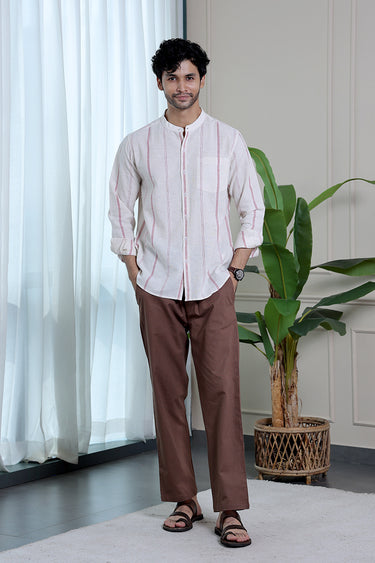 Red Stripes Natural Cotton Linen Men Shirt