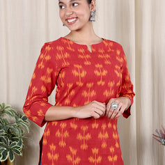 Red Single Ikkat 40 Cotton Women Kurti Long Sleeves WKILS251C11.