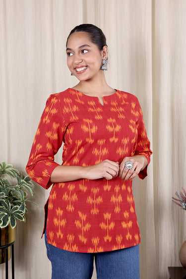 Red Single Ikkat 40 Cotton Women Kurti Long Sleeves WKILS251C11.