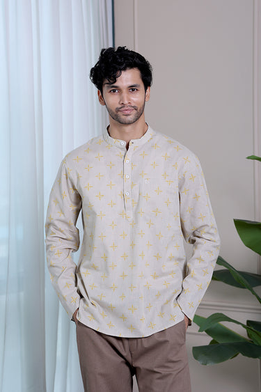 Rock Beige Sanganeri Natural Cotton Linen Men Short Kurta
