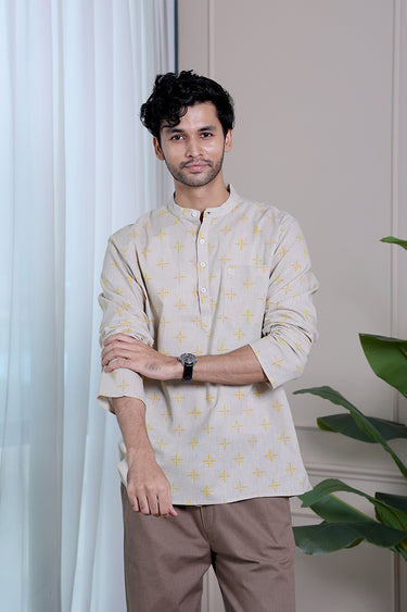 Rock Beige Sanganeri Natural Cotton Linen Men Short Kurta
