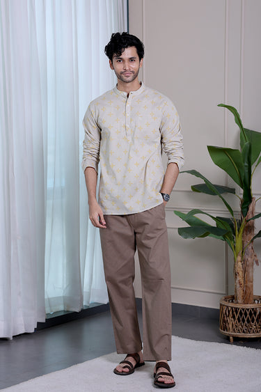 Rock Beige Sanganeri Natural Cotton Linen Men Short Kurta