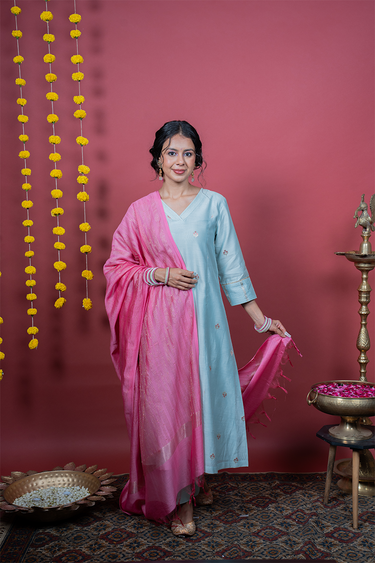 Rose Pink Jaquard Chanderi Silk Dupatta