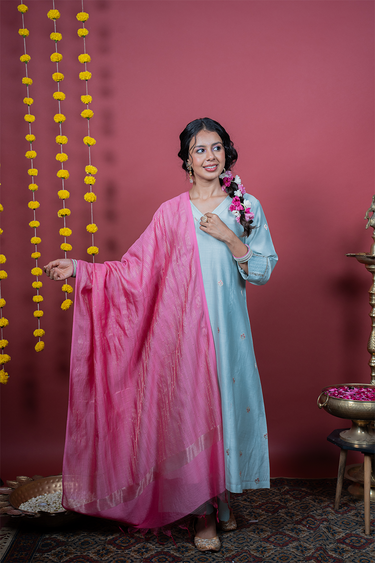Rose Pink Jaquard Chanderi Silk Dupatta