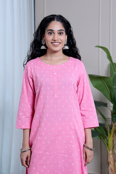 Rose Pink Sanganeri Cotton Dobby Women Long Kurta