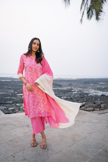 Rose Pink Sanganeri Cotton Dobby Women Long Kurta