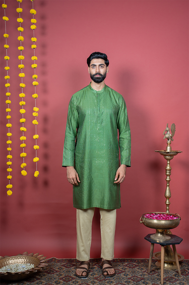 Royal Green Jaquard Banarasi Silk Men Long Kurta