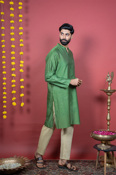 Royal Green Jaquard Banarasi Silk Men Long Kurta