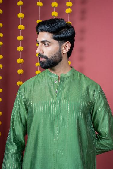 Royal Green Jaquard Banarasi Silk Men Long Kurta