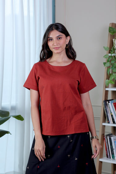 Rust Dyed Cotton Flax Women Short Top