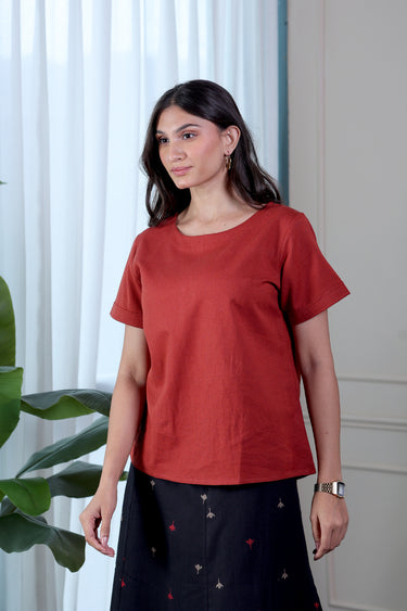 Rust Dyed Cotton Flax Women Short Top