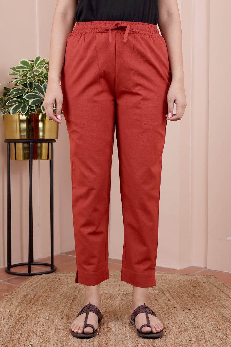 Rust Hand Dyed Cotton Flax Women Ankle Pant WAKPT05237