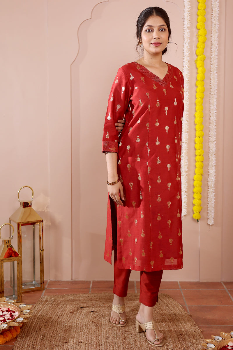 Rust Jaquard Banarasi Silk Women Long Kurta Long Sleeves