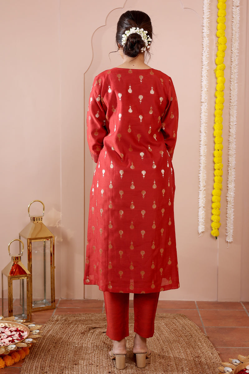 Rust Jaquard Banarasi Silk Women Long Kurta Long Sleeves
