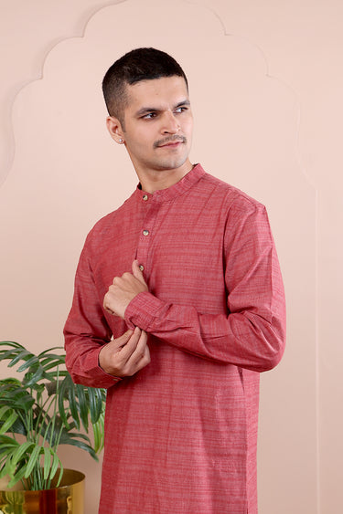 Rust Stripes South Cotton Men Long Kurta Full Sleeves MLKFS05247