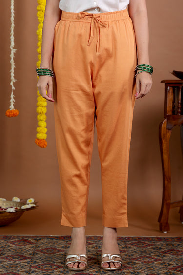 Saffron Orange Dyed Cotton Satin Women Ankle Pant