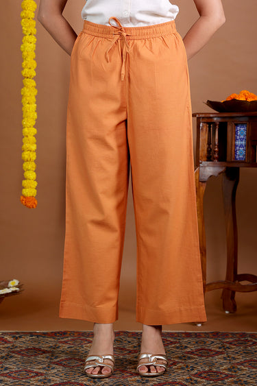 Saffron Orange Dyed Cotton Satin Women Flared Pant
