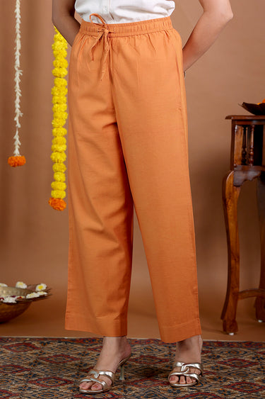 Saffron Orange Dyed Cotton Satin Women Flared Pant
