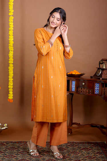 Saffron Orange Dyed Cotton Satin Women Flared Pant