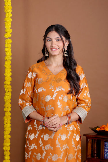 Saffron Orange Jaquard Banarasi Silk Women Long Kurta