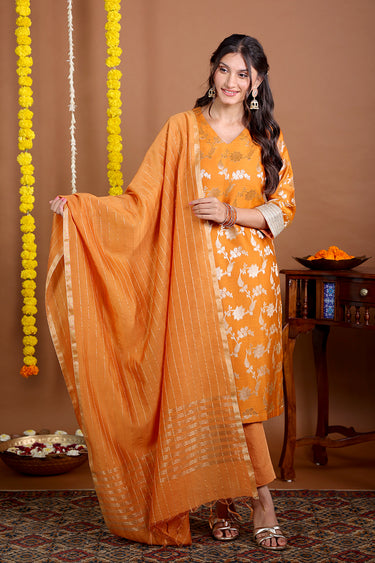 Saffron Orange Jaquard Banarasi Silk Women Long Kurta