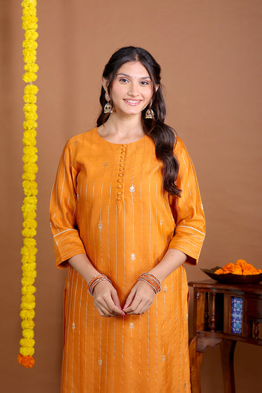 Saffron Orange Jaquard Stripes Banarasi Silk Women Long Kurta