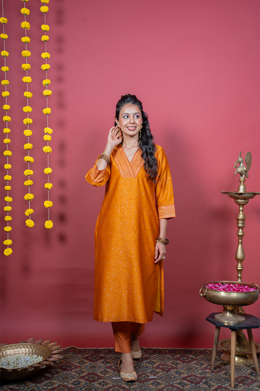 Saffron Orange Sanganeri Chanderi Silk Women Long Kurta