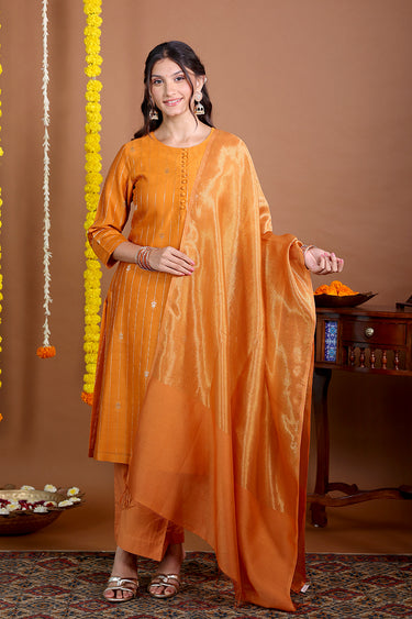 Saffron Orange Zari Stripes Chanderi Silk Dupatta