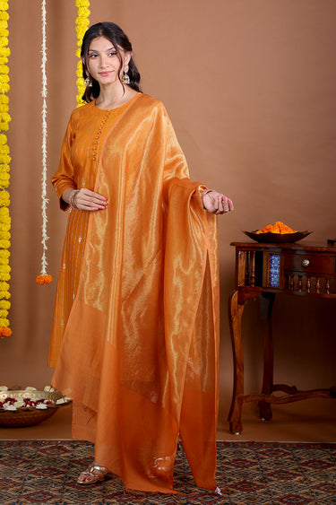 Saffron Orange Zari Stripes Chanderi Silk Dupatta