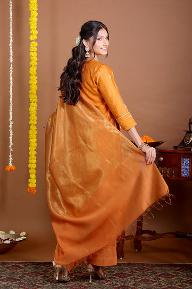 Saffron Orange Zari Stripes Chanderi Silk Dupatta