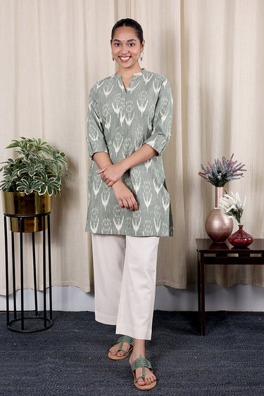 Sage Green Single Ikkat 60 Cotton Women Tunic Long Sleeves WTNLS251C5.