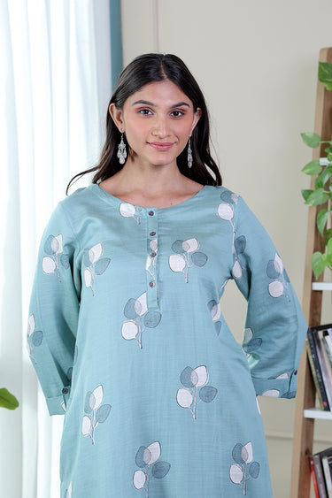 Sea Green Sanganeri Cotton Modal Slub Women Long Kurta