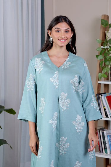 Sea Green Sanganeri Cotton Modal Slub Women Long Kurta