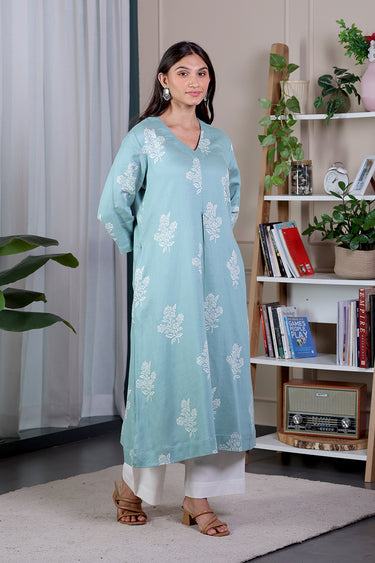 Sea Green Sanganeri Cotton Modal Slub Women Long Kurta