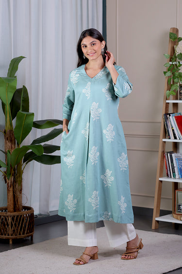 Sea Green Sanganeri Cotton Modal Slub Women Long Kurta