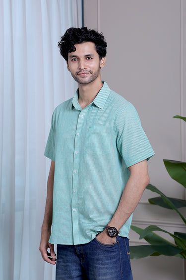 Sea Green Stripes South Cotton Men Shirt
