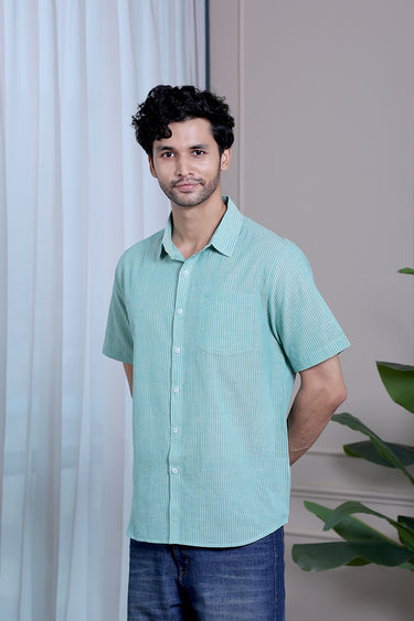 Sea Green Stripes South Cotton Men Shirt