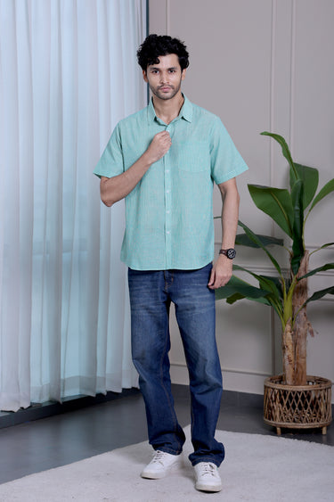Sea Green Stripes South Cotton Men Shirt