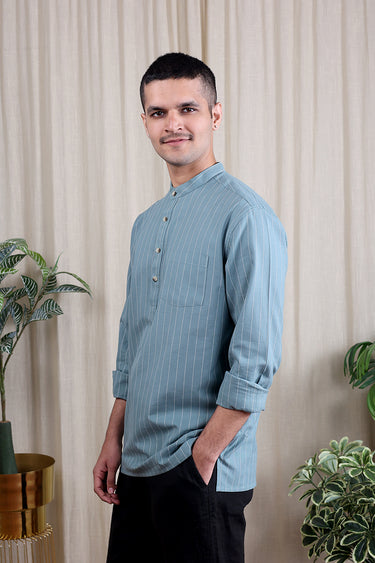 Sea Green Stripes South Cotton Men Short Kurta Full Sleeves MSKFS082423