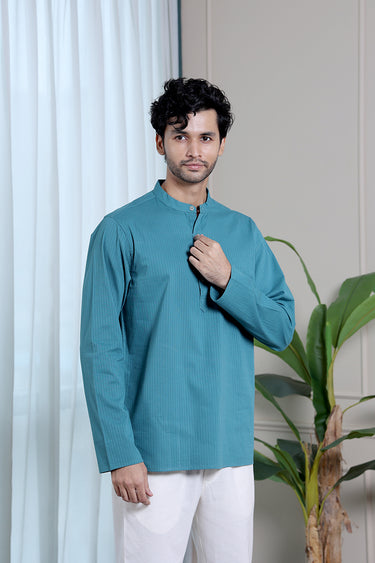 Teal Blue Dyed Cotton Misdent Men Short Kurta