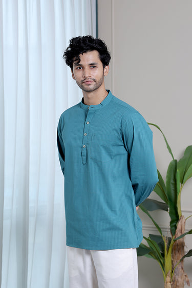 Teal Blue Dyed Cotton Misdent Men Short Kurta